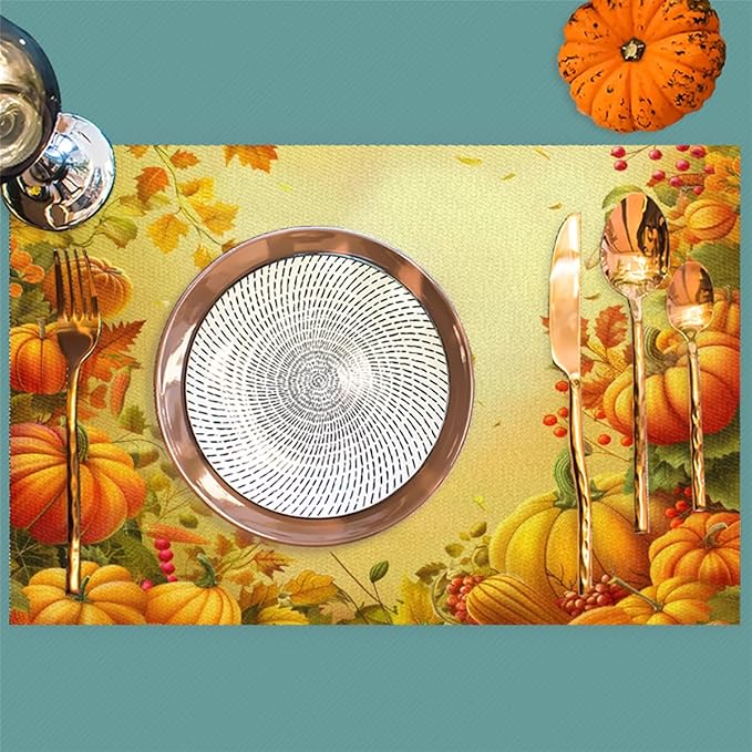 Thanksgiving Fall Yellow Pumpkin Placemats Set of 6 PVC Vinyl Non Slip Table Mats Heat Resistant Place Mats Washable Wipeable Dining Table Mat for Kitchen Decor Party Indoor Outdoor Decorative Gift