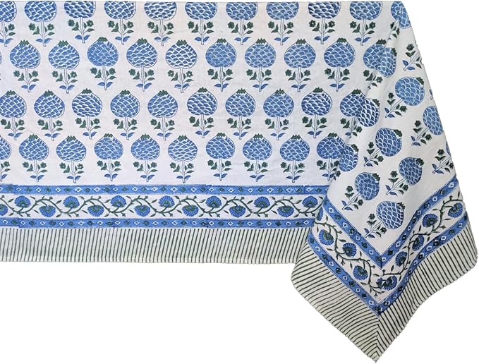 ATOSII Roma Blue 100% Cotton Boho Square Fall Tablecloth, Handblock Floral Print Table Cloth Linen for Kitchen Dining I Parties, Outdoors, Weddings, Christmas, Thanksgiving Decor 60 X 60 Inches