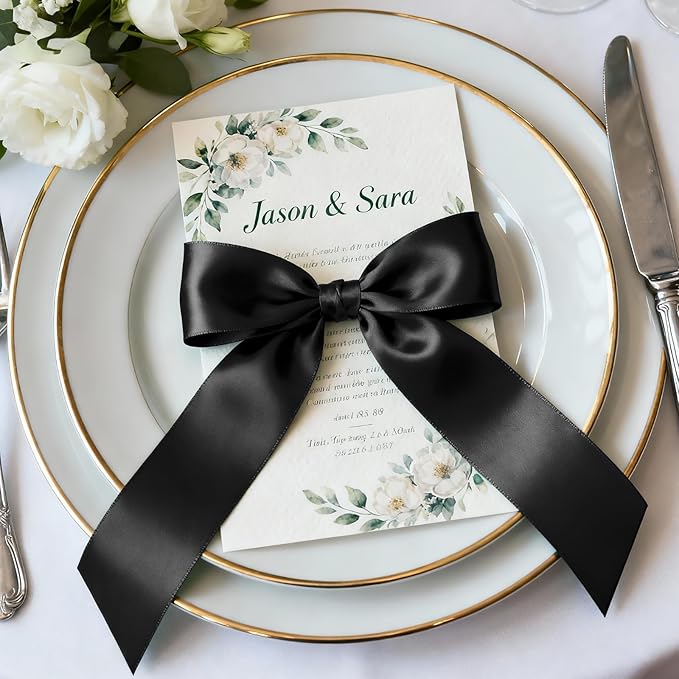 1-1/2" x 50 Yards Satin Ribbon - Black Silk Ribbon with Spool - Ideal for Gift Wrapping, Floral Bouquets, Crafts, Wedding Party Decorations, Christmas and Sewing Projects