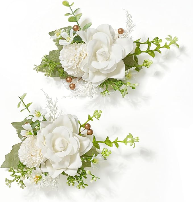 Serwalin Ivory White Wrist Corsage and Boutonniere Set 2pcs, 6-7inch Boutonniere for Men, Corsage Wristlet Wristband Prom Flower Wedding Flowers Accessories Prom Suit Decorations