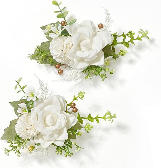 Serwalin Ivory White Wrist Corsage and Boutonniere Set 2pcs, 6-7inch Boutonniere for Men, Corsage Wristlet Wristband Prom Flower Wedding Flowers Accessories Prom Suit Decorations