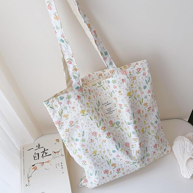 Cotton Canvas Tote Bag Reusable Soft Grocery Cloth Bag Floral Shoulder Bag for Beach Travel Shopping