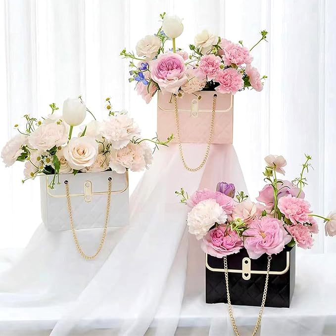 Jemattely 4 Pcs Large Flower Paper Gift Box,Waterproof Bouquet Storage Bucket Florist Handbag with Metal Chain Flower Boxes for Wedding Mother's Day Birthday Bridal Etc Shower Gift Wrap Craft-Black