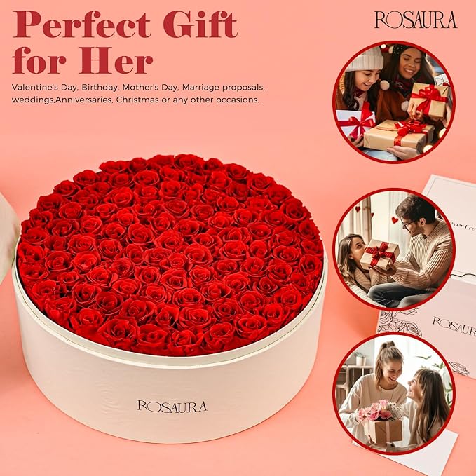 Rosaura Round Preserved Roses Gift Box - Real Forever Flowers for Birthday, Valentine's & Mother's Day (red, 100 Roses)