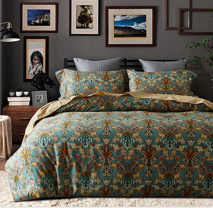 VM VOUGEMARKET Bohemia Comforter Set King,3 Piece Sage Green Flower Comforter with 2 Pillowcases,Green Golden Elegant Bedding Set