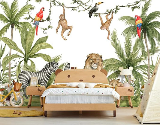 Tropical Rainforest Botanical Animal Floral Bird Wallpaper Woodland Forest Tree Leaf Nursery Kids Bedroom Plant murals Living Room Large Wall Mural - 183"x120" Not Peel and Stick