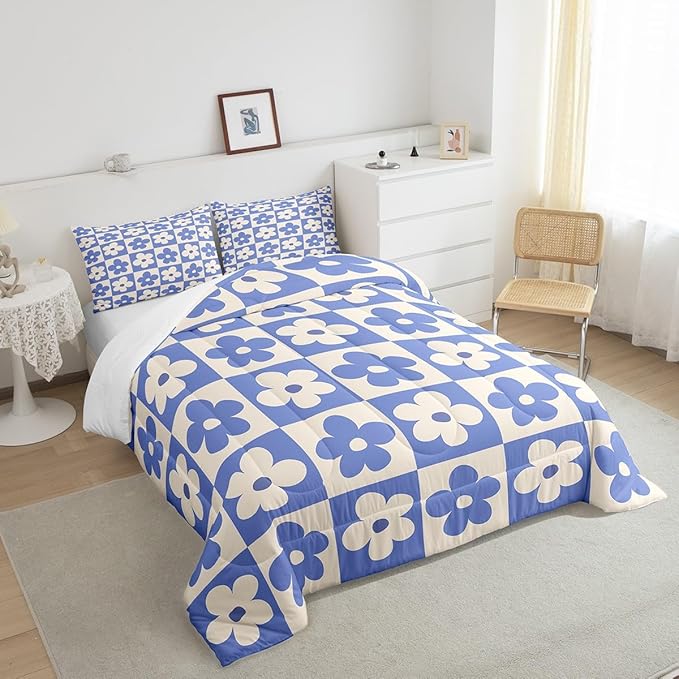 Castle Fairy Kids Cute Flowers Plaid Twin Size Comforter Set,Blue and Cream Floral Checked Duvet Set for Kids Boys Bedroom,Fashion Geometric Style Soft Microfiber Bedding Comforters,2 Pcs