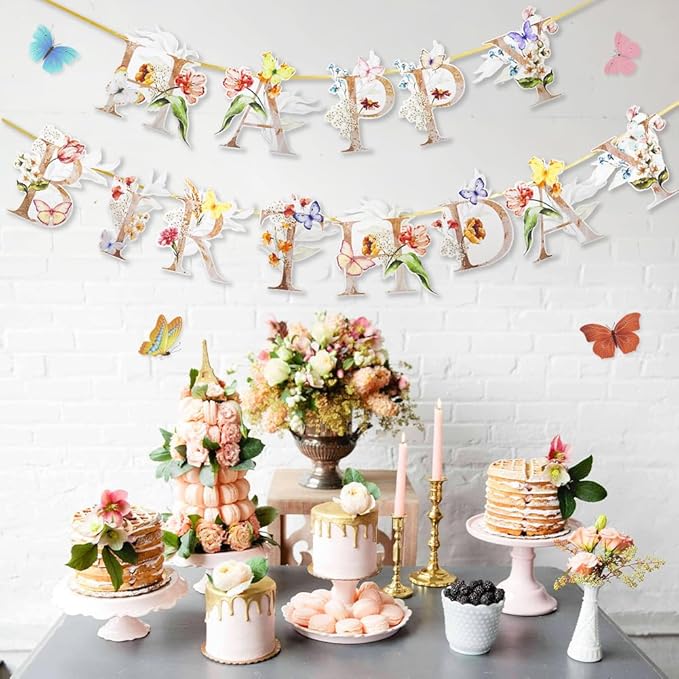 Flower Butterfly Happy Birthday Banner, Boho Groovy Floral and Butterflies Bday Sign, Wildflower Garden Party Decorations for Sweet 16 21st 30th 40th 50th 60th 70th Birthday Party