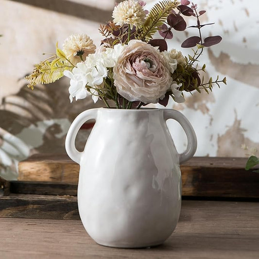 White Ceramic Vase with 2 Handles for Modern Farmhouse Home Decor, Vintage Rustic Decorative Vases, Small Vase for Fresh and Dried Flowers, Centerpiece Table Decorations, 7 Inch