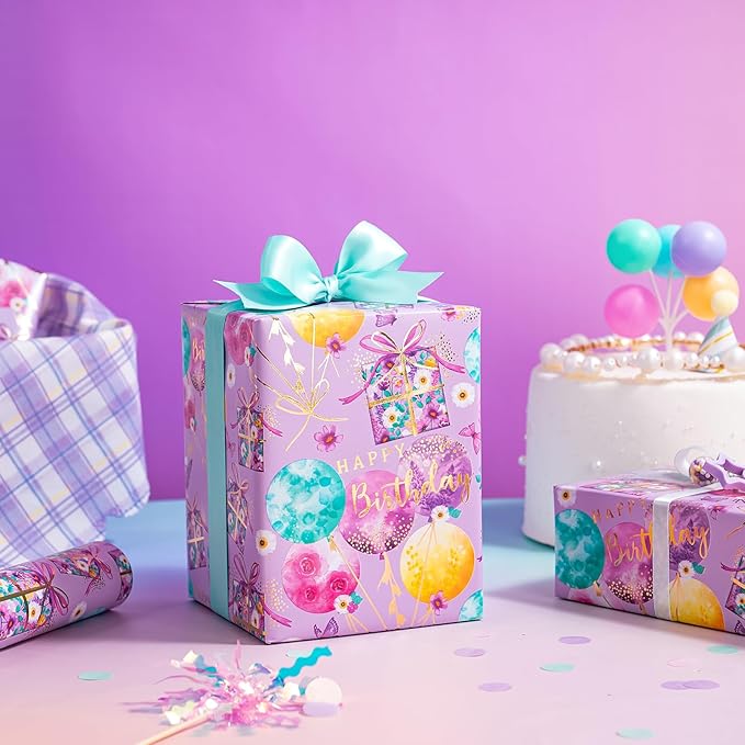 WRAPAHOLIC 30 Inch Purple Birthday Wrapping Paper - 30 Inch x 16.5 Feet - Gold Foil Fantasy Purple Happy Birthday Paper for Women Girls, Wedding, Bridal Shower