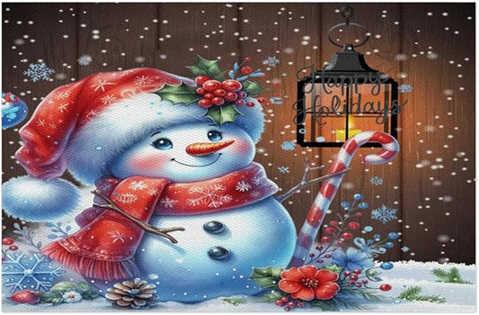 Christmas Art Snowman Snowflake Placemats Set of 6 PVC Vinyl Non Slip Table Mats Heat Resistant Place Mats Washable Wipeable Dining Table Mat for Kitchen Decor Party Indoor Outdoor Decorative Gift