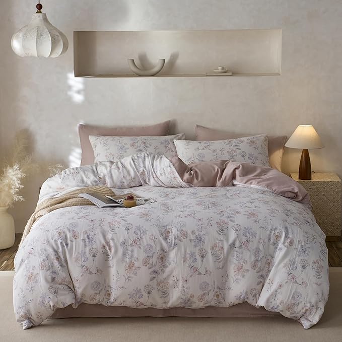 VM VOUGEMARKET King Duvet Cover Set,Blue Pink Flower Duvet Cover with 2 Pillowcases Cooling Breathable Lyocell & Cotton Bedding Set for Girls & Women (Blush Pink, 104x90 Inch)