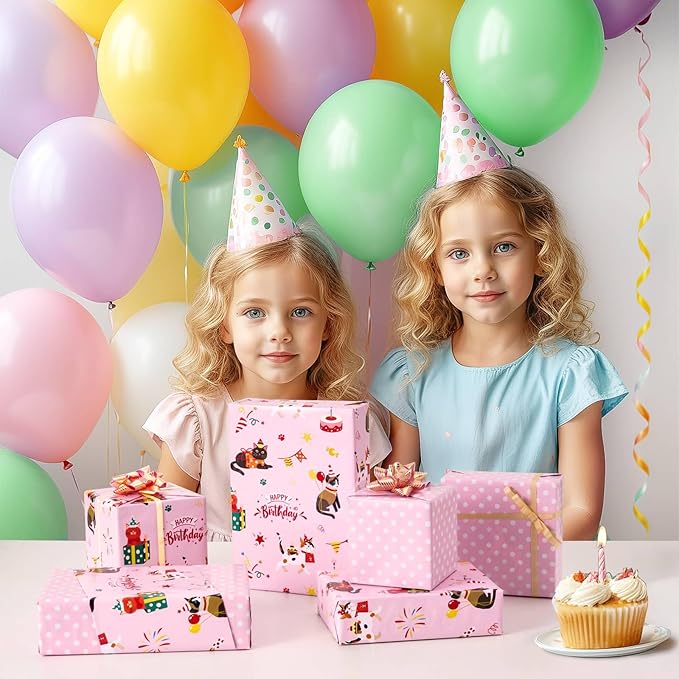WERNNSAI Cat Wrapping Paper Roll - 1 Roll 17”x 33 ft Happy Birthday Wrapping Paper Pink Cat Birthday Gift Wrap for Kids Girls Adults Kitten Party Baby Shower Decoration Reversible Polka Dot Design