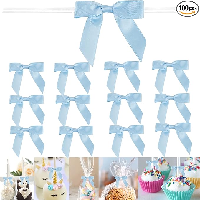 100 Pieces 3 inch Satin Ribbon Twist Tie Bows, Blue Pretied Bows with Twist Ties, Twist Bows Treats Bags, Bow Ties for Treats, Cake Pops, Baby Shower, Crafts, Gift Wrapping Favors, Cookies