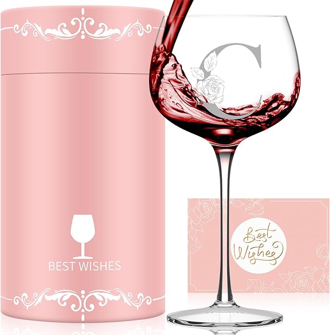 Personalized Gifts for Women, Monogrammed A-Z Wine Glass Customized Gift, Unique Christmas Birthday Gifts for Women Her Mom Friend Sister Wife Daughter Nurse (C)