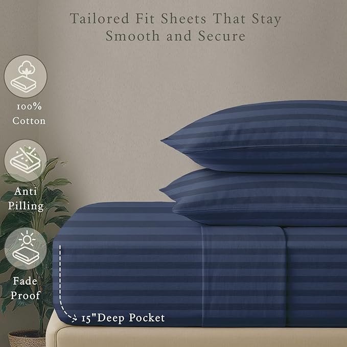 Threadmill 500 Thread Count Twin-XL Size Damask Stripe, 3 Pc Luxury Cotton Bed Sheet Set, Breathable Folkstone Blue Sheets with 15" Elasticized Deep Pocket, 1 Pillowcase & Free Tote Bag