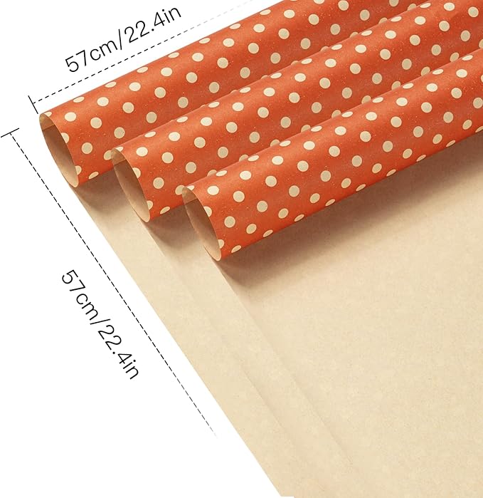 LeZakaa 20 Sheets Kraft Dots Flower Wrapping Paper, Reversible Orange with White Polka Dots Floral Bouquet Paper for Valentines, Mothers Day, Wedding Party, Fall Birthday, Thanksgiving Autumn Decor