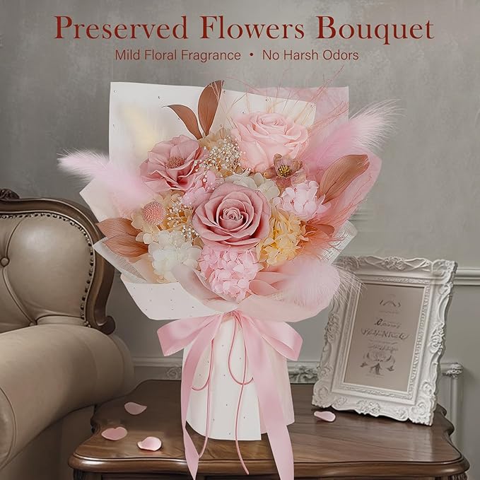 Preserved Bouquet of Flowers - Real Roses & Flowers for Delivery, Long-Lasting Dusty Pink Forever Camellia Flowers, Eternal Roses Bouquet for Mothers, Mom, Wife Anniversary Birthday Gifts for Women