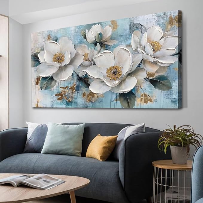 Ardemy Flower Wall Art for Living Room White Floral Canvas Art Wall Decor, Magnolia Teal Picture Textured Large Painting Turquoise Artwork Bedroom Dining Room Kitchen Home Office 48"x24"