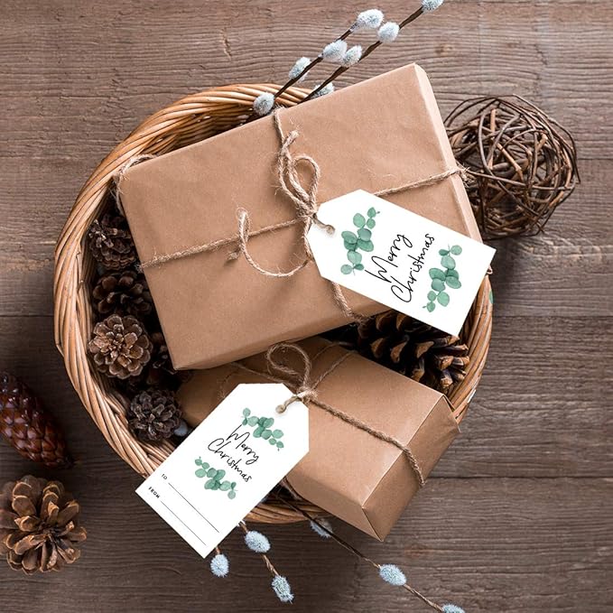 Andaz Press Christmas Holiday Season Classic Gift Tags, Merry Christmas to from Classic Favor Tags, Eucalyptus Leaves Design, for Holiday Events, Parties, and Favors, 60-Pack