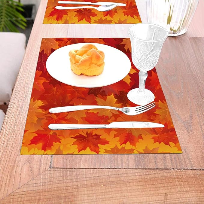 PVC Placemats Set of 6 Wipeable Table Mats Washable Heat Resistant Non Slip Vinyl Dining Table Mat for Kitchen Indoor Outdoor Patio Farmhouse Place Mats Orange Thanksgiving Maple Decorative