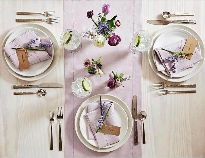 Solino Home Linen Lilac Table Runner 144 Inches Long - 100% Pure Linen Extra Long Table Runner 14 x 144 Inch for Valentines, Spring, Easter - Classic Hemstitch