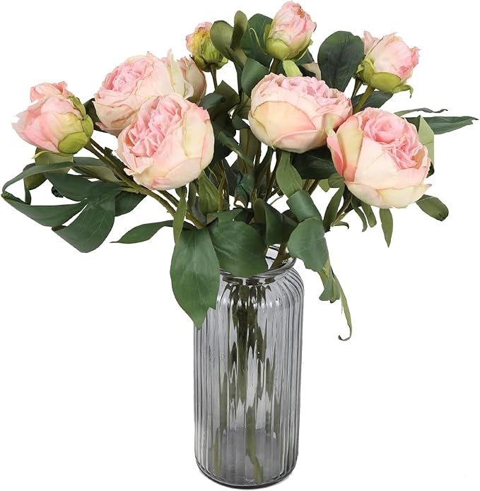 IPOPU Champagne Pink Peonies Artificial Flowers 5PCS 10heads Vintage Silk Peonies Silk Flowers Fake Peony Peach Flowers for Wedding Decoration Bride Bouquet Faux Flowers Floral Arrangement