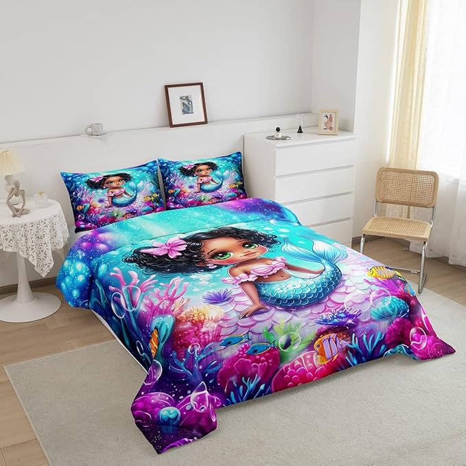 Cute Mermaid Full Size Comforter Set,Reversible Cute Girl Fish Scale Print Black Bedding Comforters Bedroom Collection,African Style Cartoon Fairy Tale Theme Bedding Set for Girls Teens