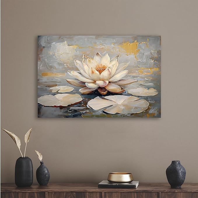 Ethereal white lotus floating on Crystal Waters poster vintage oil painting printwall art soft blush and gold accents serene home and office decor dreamy 12x18in Wood Framed