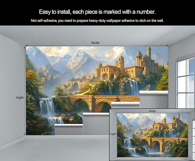 Fantasy Castle Wall Mural, Magical Waterfall Landscape 3D Wall Murals, Royal Palace Wallpaper Mural, for Living Room Bedroom Large Wallpaper Indoor Decor 177.16" W x120 H