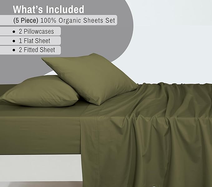 RUVANTI 100% Organic Cotton Sheets Split King, Percale Weave, GOTS Certified, 5-Piece Set, Deep Pocket 15", Crisp & Breathable, Soft Durable Bedding, Sábanas Algodón Orgánico – Olive