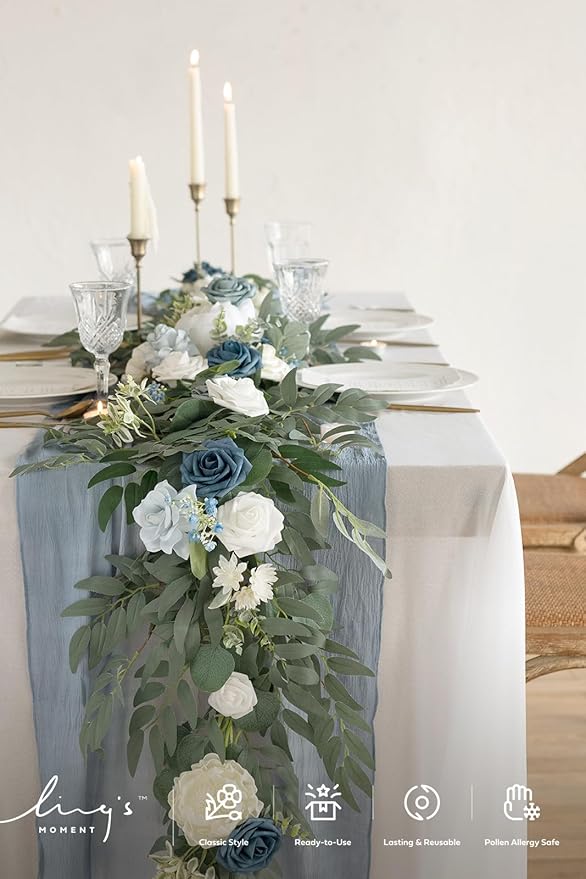 Ling's moment Flower Garland - 6FT Eucalyptus & Rose - Sweetheart Table Decor for Wedding Reception, Artificial Arch Floral Garland for Mantle, Christmas, Beach Decoration, Dusty Blue & White
