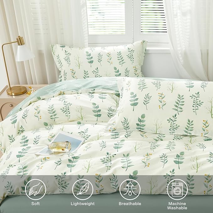 SAPHREAS Botanical Duvet Cover Set Queen Size 3pcs Beige 100% Cotton Bedding Green Leaves Bedding Comforter Cover Set 1 Duvet Cover 2 Pillow Shams, Comforter Not Included
