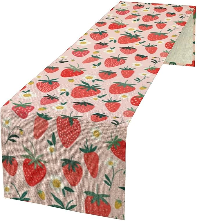Strawberry Table Runner, Spring Summer Fruit Birthday Party Decoration Dining Room Home Kitchen Table Decor 13 x 108Inch