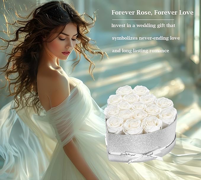 Forever Flowers for Delivery, 16 White Preserved Rose in Heart Shaped Box, Eteranl Rose on Anniversary Birthday Gifts for Women, Mother, Wife, Girlfriend，Christmas Day Gifts for Mom