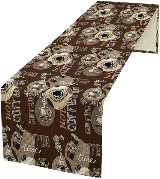 Coffee Theme Table Runner Vintage Coffee Beans Mug Cup Dinner Runner Table Decoration for Farmhouse Cabin Home Kitchen Dining Holiday Party 13x120in