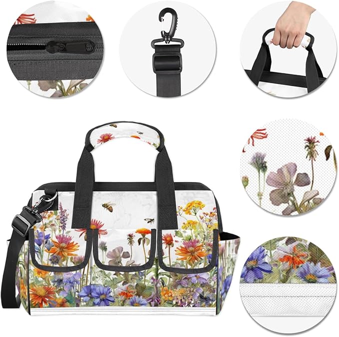 Wildflowers Floral Tool Bag for Men Women Multi-Pockets Wide Mouth Tool Storage Bags 14.8 Inch Waterproof Heavy Duty Tool Bag Organizer for Electrician Mechanic Plumbers Handymen