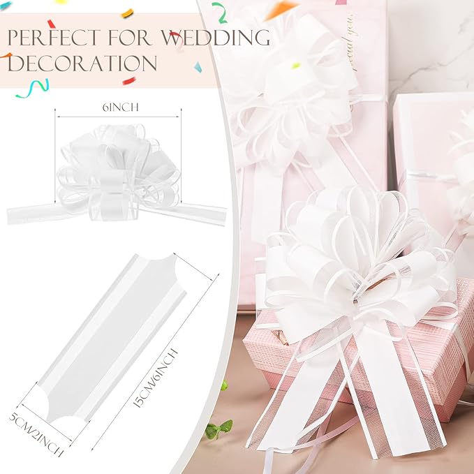 WILLBOND 20 Pieces 6 Inch Pull Bows Gift Wrapping Ribbon Pull Bows for Christmas Wedding Baskets Valentine Multicolor Wrap Accessory for Gift Present Holiday Decor(Plain White)