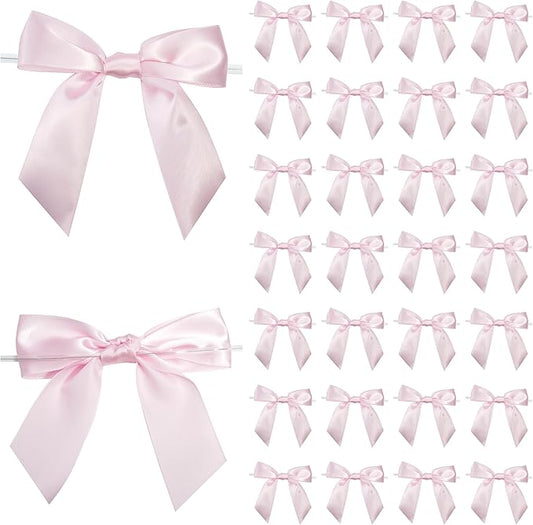 Baby Pink Satin Ribbon Twist Tie Bows 5 Inch Pre-Tied Light Pink Gift Bows for Crafts, Treat Bags, Party Favors, Wedding, Baby Shower, Candy Apple, Christmas (36 Pack)