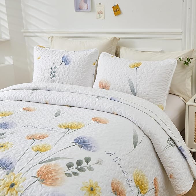 Dinjoy Floral Quilt Set Queen 3 Pieces Blue & Yellow Quilts Bedding Set Bohemian Bedspread Bed Cover Lightweight Spring Summer Beds Coverlet for All Season(96"x90")