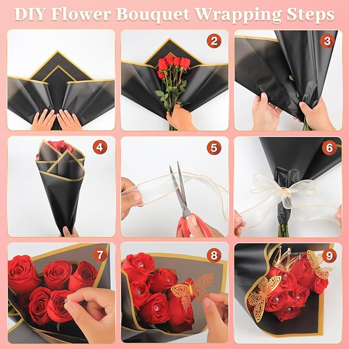 52Pcs Flower Bouquet Wrapping Paper Accessories Kit, 20 Sheets Black Waterproof Floral Wrapping Paper, 12 Gold 12 Pink Butterflies, 5 Cards, 1 Black Ribbon, 1 Letter 1 Rhinestone Sticker (Black Edge)