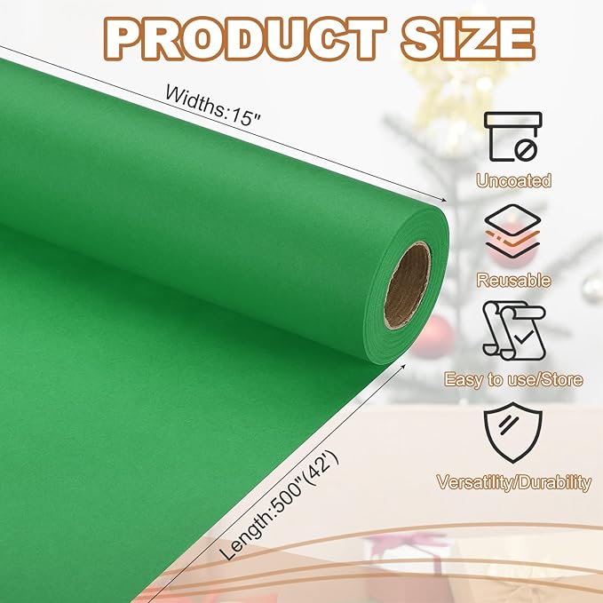 PATIKIL Wrapping Paper, 15" x 500"(42') 70 GSM Craft Paper Roll Kraft Packing Paper for Poster Bulletin Board, Gift Wrapping, Green