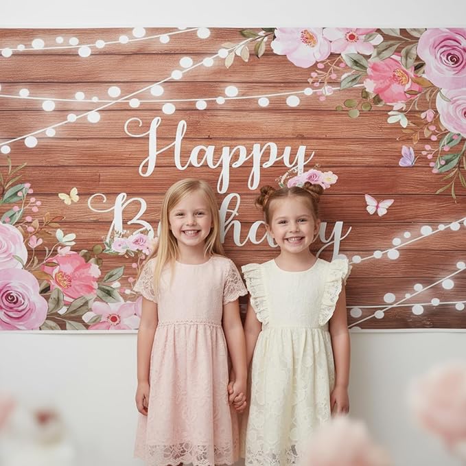 Happy Birthday Backdrop Banner Decorations Pink Floral Birthday Banner for Women Girls Glitter Lights Rustic Wood Birthdays Background for Backdrop Party Decorations 70.87x43.3in