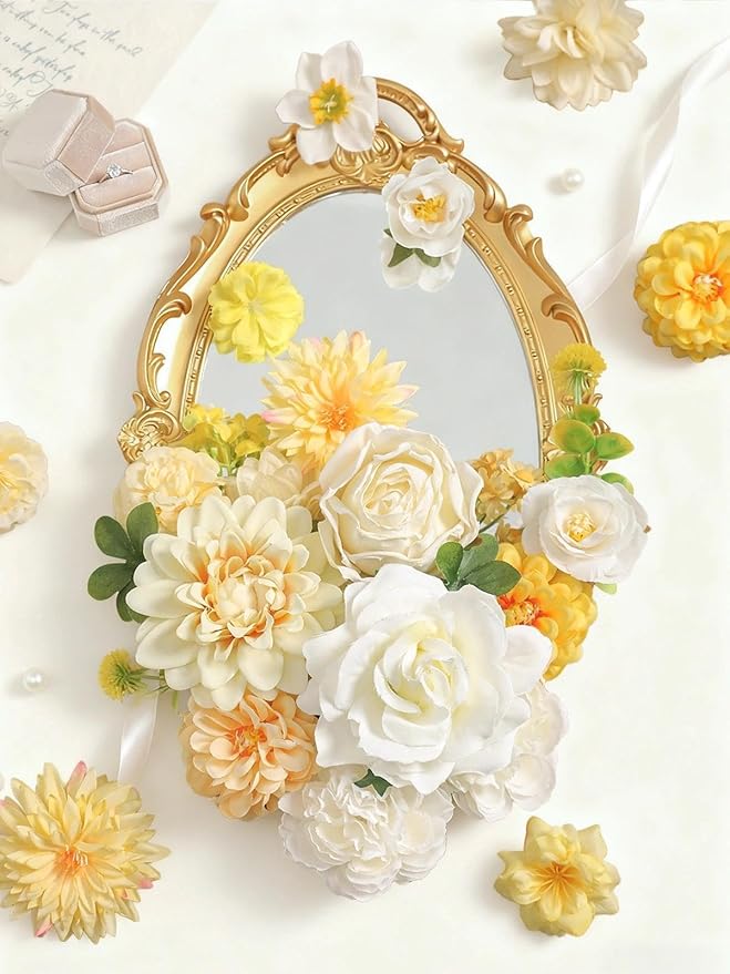 Artificial Flowers Combo Box Set White Yellow Roses Dahlia Fake Silk Flowers with Stems for DIY Wedding Bridal Bouquets,Floral Arrangement,Table Centerpieces,Baby Shower,Home Decorations