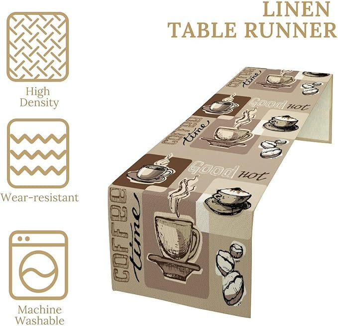 Coffee Table Runner,Vintage Style Coffee Cup Bean Abstract Theme Pattern Print Tablecloth Burlap for Hotel Indoors Outdoor Dining Room Kitchen Table Decor, 13x108in
