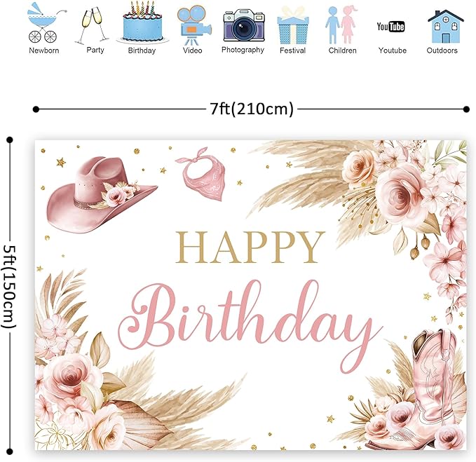 Riyidecor Pink Cowgirl Happy Birthday Backdrop Western Bohemian Pampas Flower 7Wx5H Feet Polyester Fabric Boots Hats Photography Background for Women Girl Table Decor Banner Studio Photo Shoot