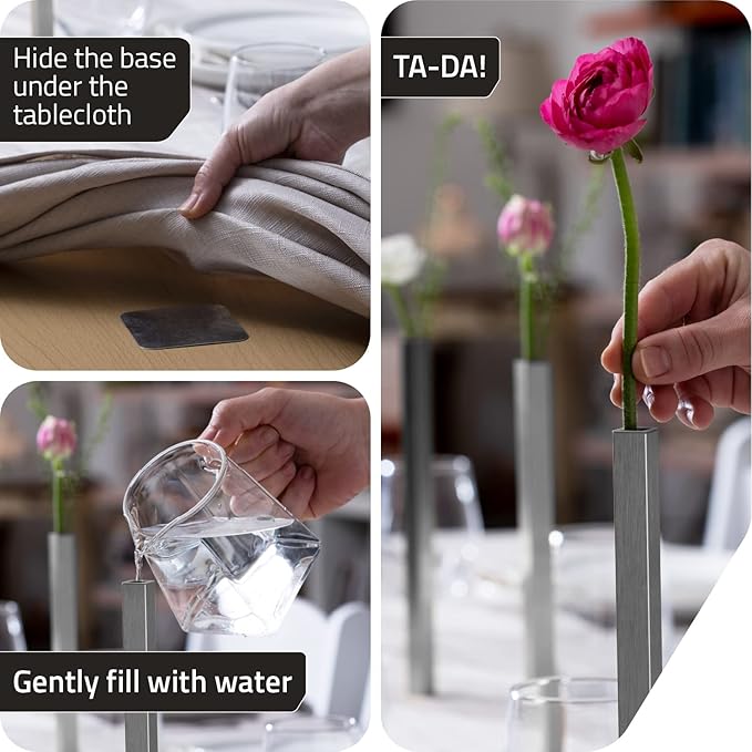 PELEG DESIGN Magnetic Flower Vase - Unique and Modern Set of 5 Silver Aluminum Vases for Home Garden Décor | 9.4 x 0.6 x 0.6 inches | Suitable for Both Real and Artificial Flowers