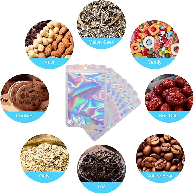 400 Pack 4 Size Bags with Clear Window,Scratch Resistant Hand Holographic Packaging Pouch,Resealable Bag for Small Bussiness Cookies Jewelry Candy Sample (Holographic, 2.4×3.9,3x4.7,4×7,5.5×7.9 inch)