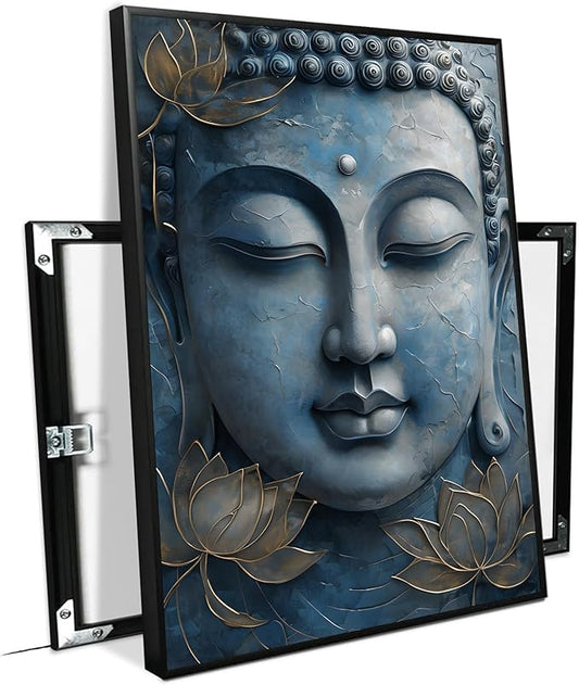 Canvas wall art Golden lotus crown Serene Buddha poster Ethereal blue toned art with delicate floral decor Zen wall art for a tranquil meditation space 8x12in Metal blackFramed