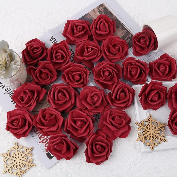 IPOPU Artificial Rose Flower Heads, 100 Pcs Real Looking Burgundy Foam Fake Roses for DIY Wedding Baby Shower Centerpieces Arrangements Party Tables Home Decorations (Wine red, Stemless)